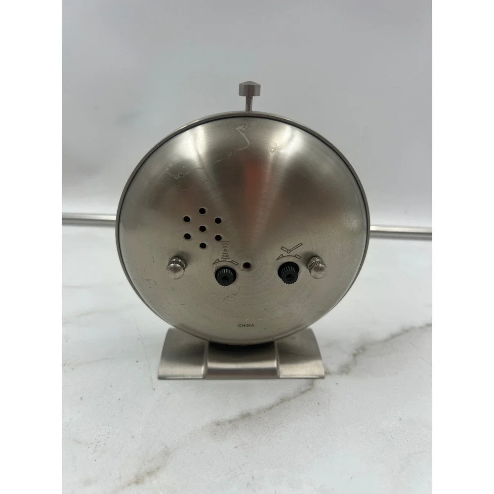 Big Ben Alarm Clock Brushed Silver Metal Round Battery Operated Cream Dial